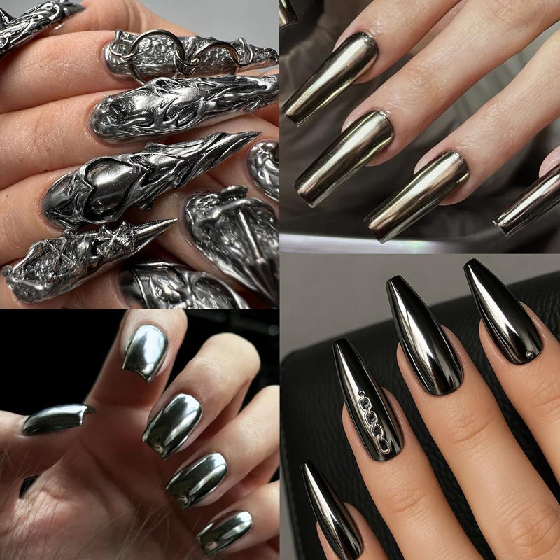 furtherpretty Black Silver Bronze Chrome Nail Powder Set, Gunmetal Chrome Pigments for Goth Armor Nails, Metallic Mirror Effect Nail Powder for Y2K Punk Nail Art & Manicure Decoration Accessories - Image 4